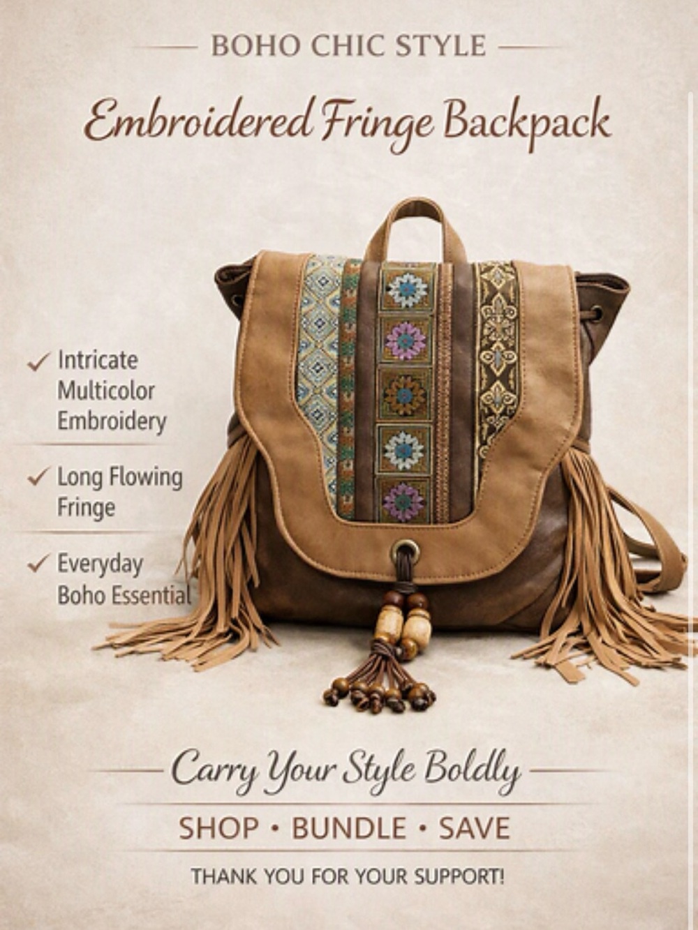 Boho Chic Embroidered Fringe Backpack